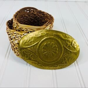 Vintage Gold Leather Wide Woven Belt Gold Buckle M/L